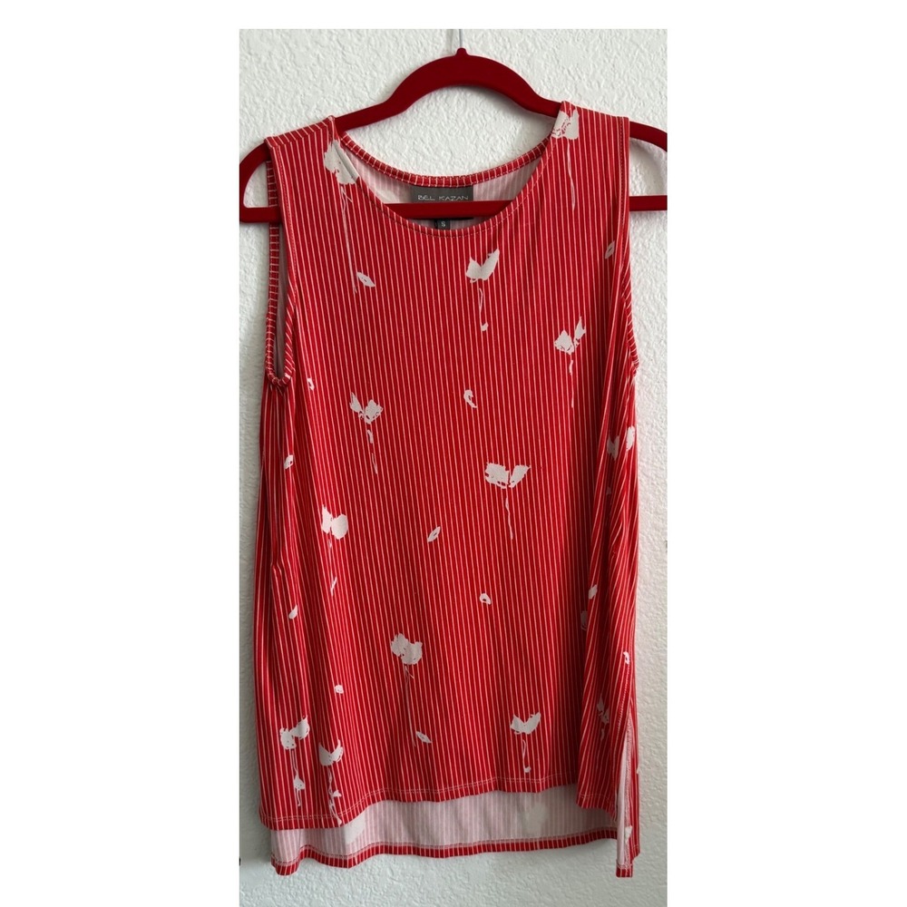 Bel Kazan Red  White Striped Floral‎ Sleeveless Tunic Top size small